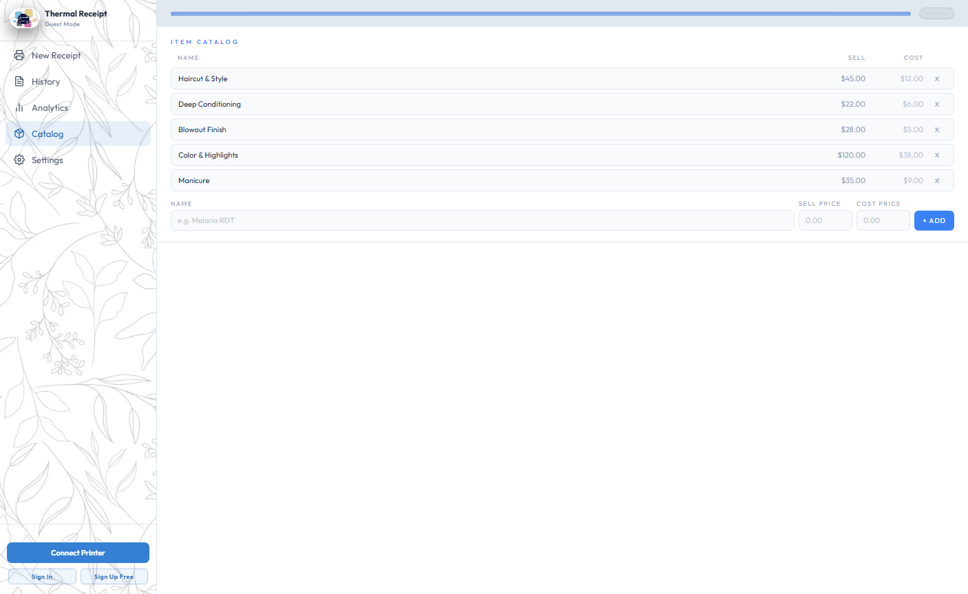Item catalog listing services with sell and cost prices