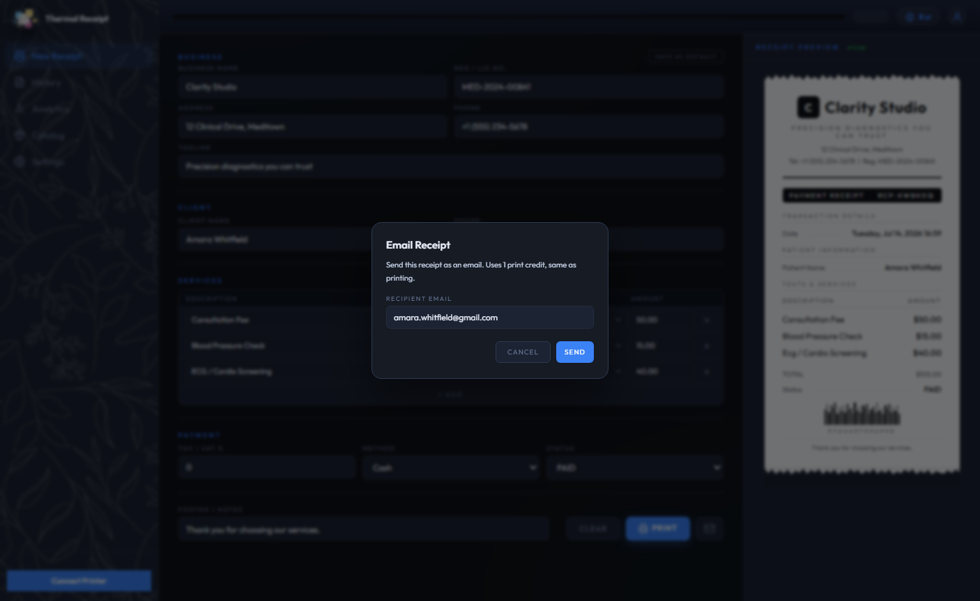 Email Receipt dialog open over a filled-out receipt for Clarity Studio, ready to send as a PDF