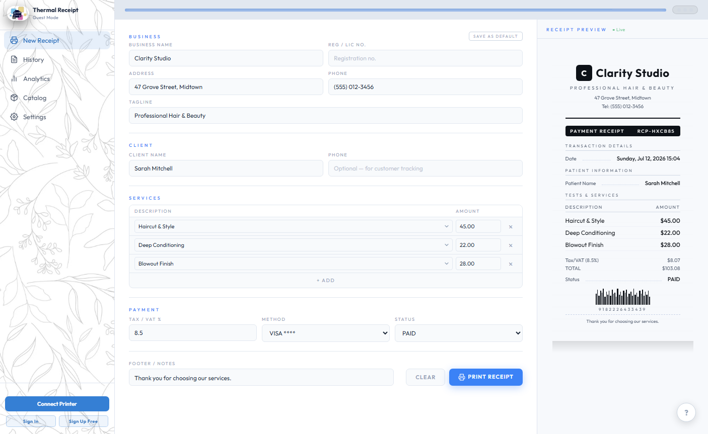 Receipt form with live preview, showing a hair salon receipt for Clarity Studio