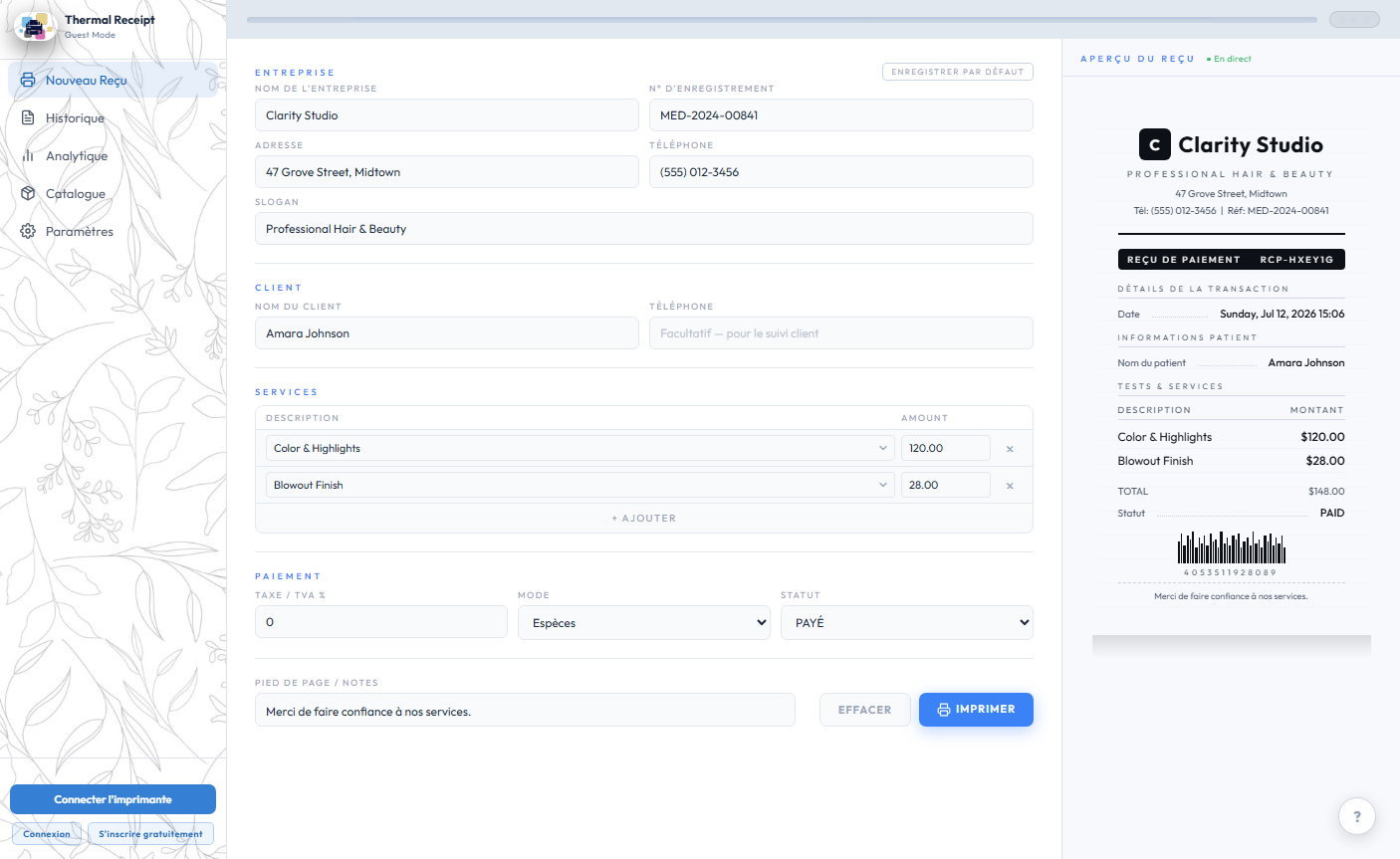 The exact same receipt form and live preview, fully translated into French