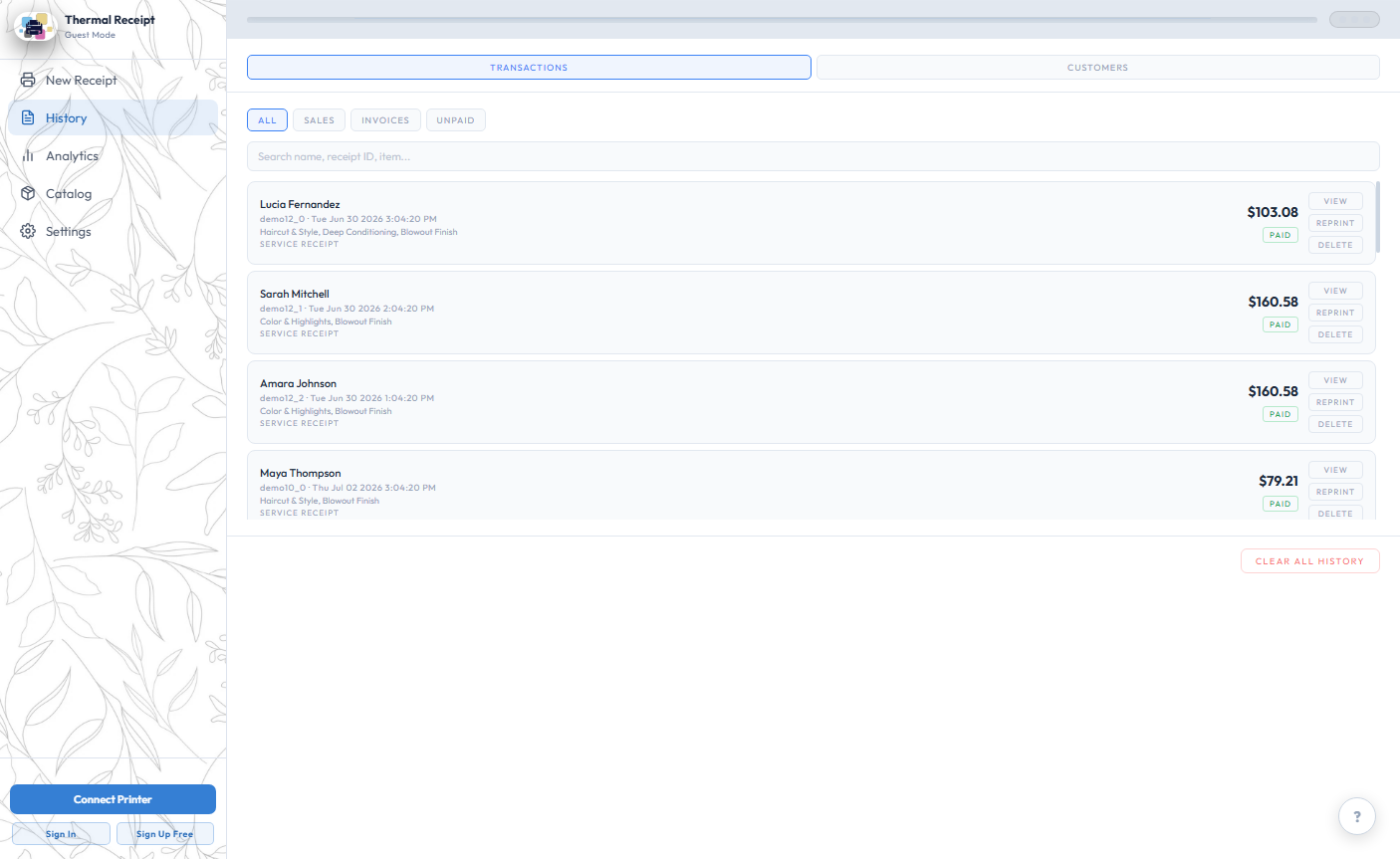 Transaction history list with client names, totals, and paid status