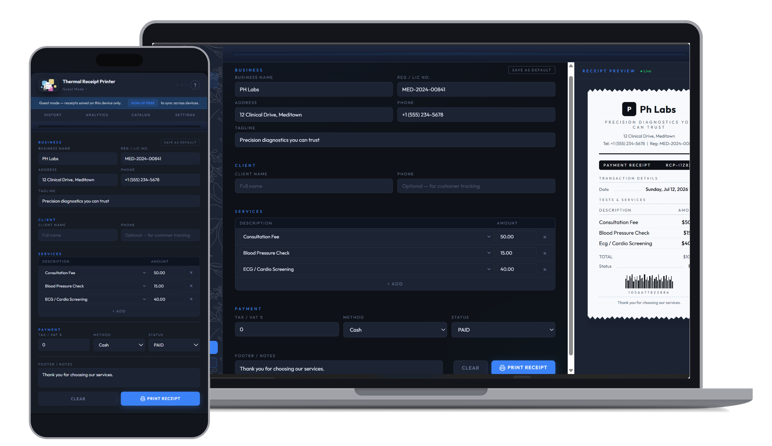 Thermal Receipt Printer running on desktop and mobile
