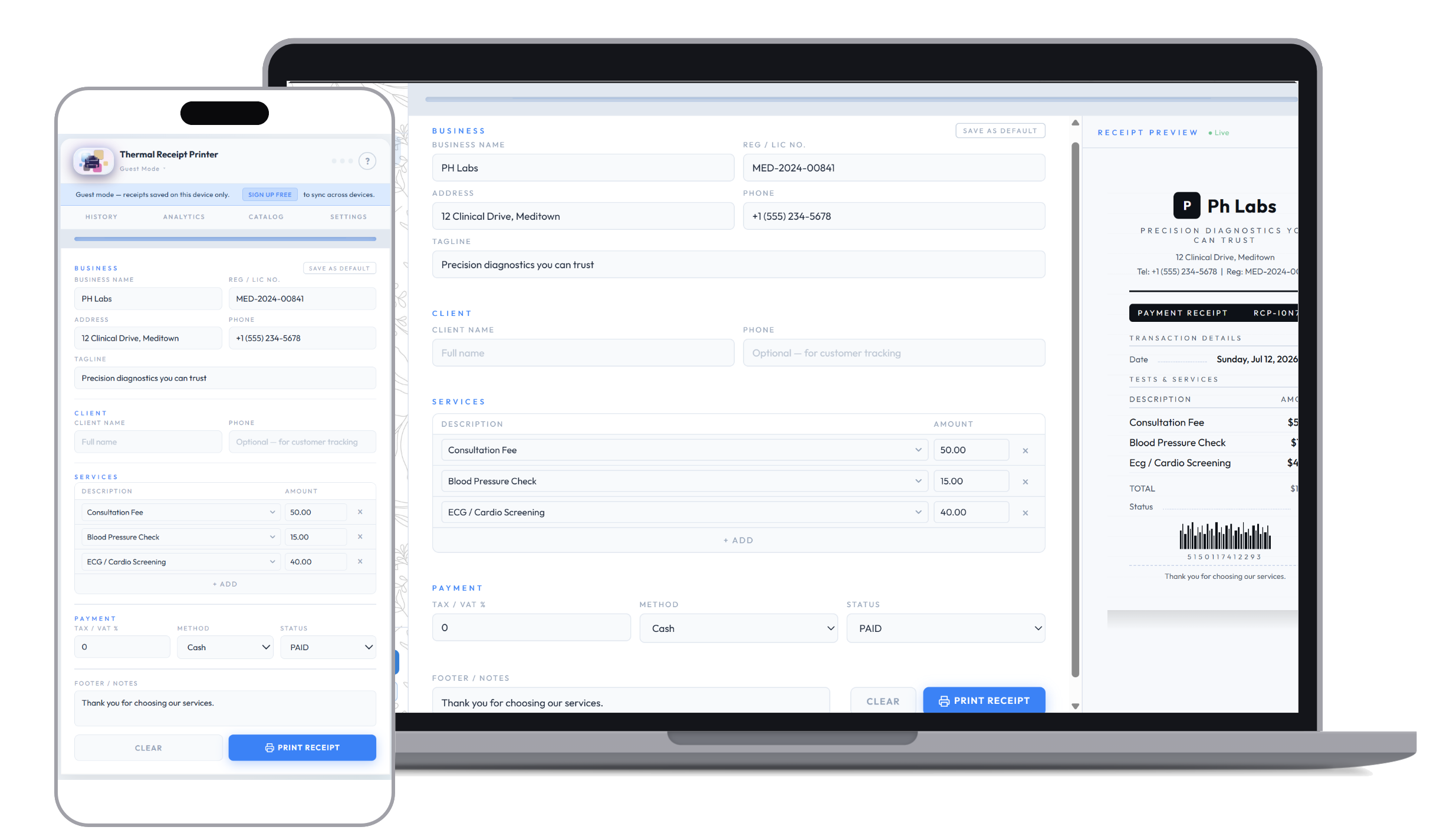 Thermal Receipt Printer running on desktop and mobile