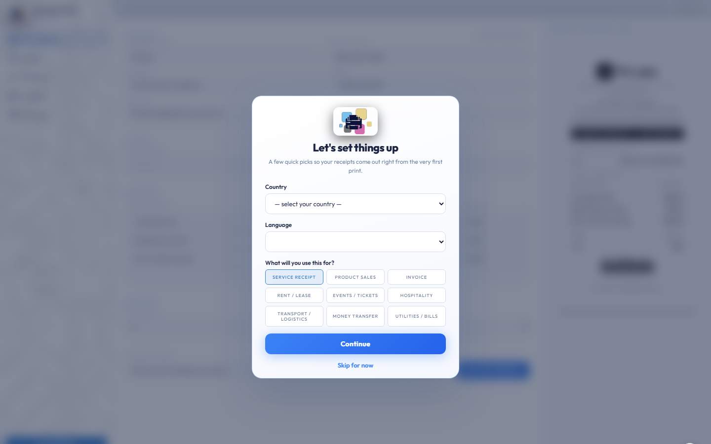Onboarding screen asking for country, language, and business type