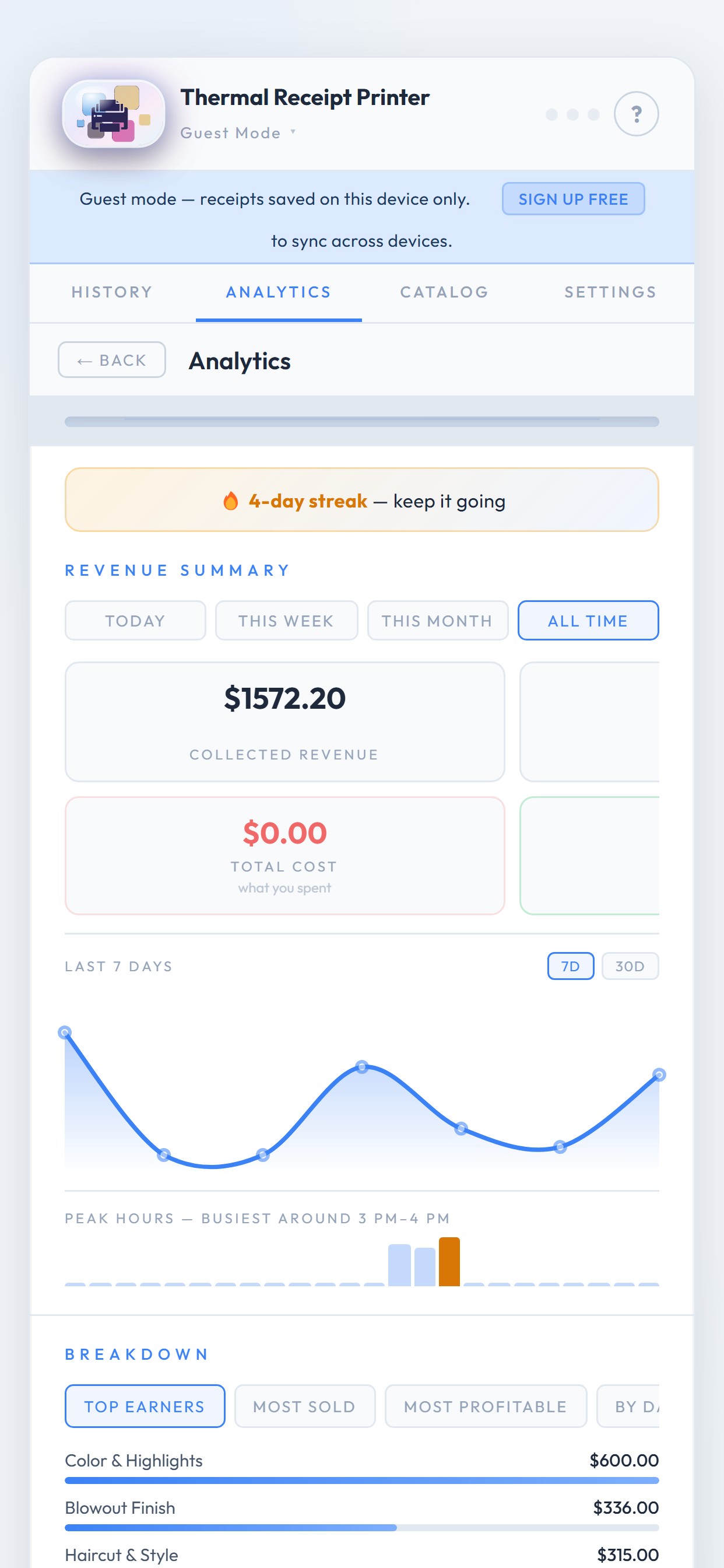 Analytics dashboard on a mobile phone, showing the same revenue chart and breakdown as desktop